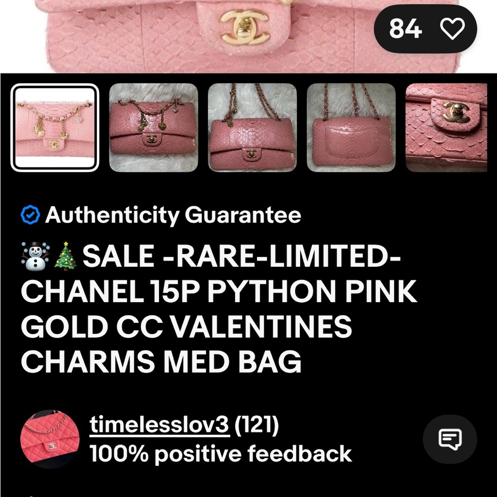 Auth very rare limited chanel PYTHON PINK  gold charm  Chain Shoulder Bag. - Picture 9 of 14